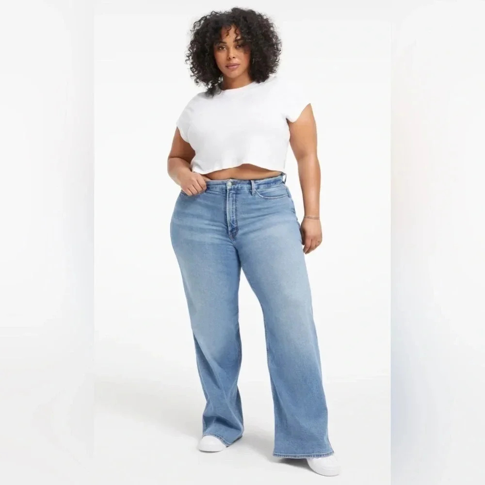 Good American Good Skate Wide Leg Jean Size 15 medium wash light distressing